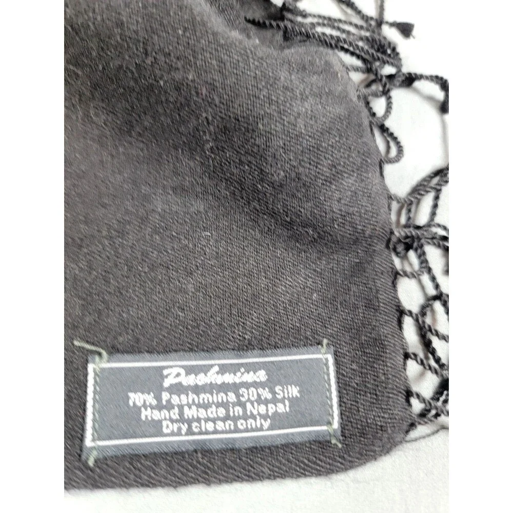 Pashmina Black Scarf Wrap 70% Pashmina 30% Silk Handmade Nepal Fringe 64